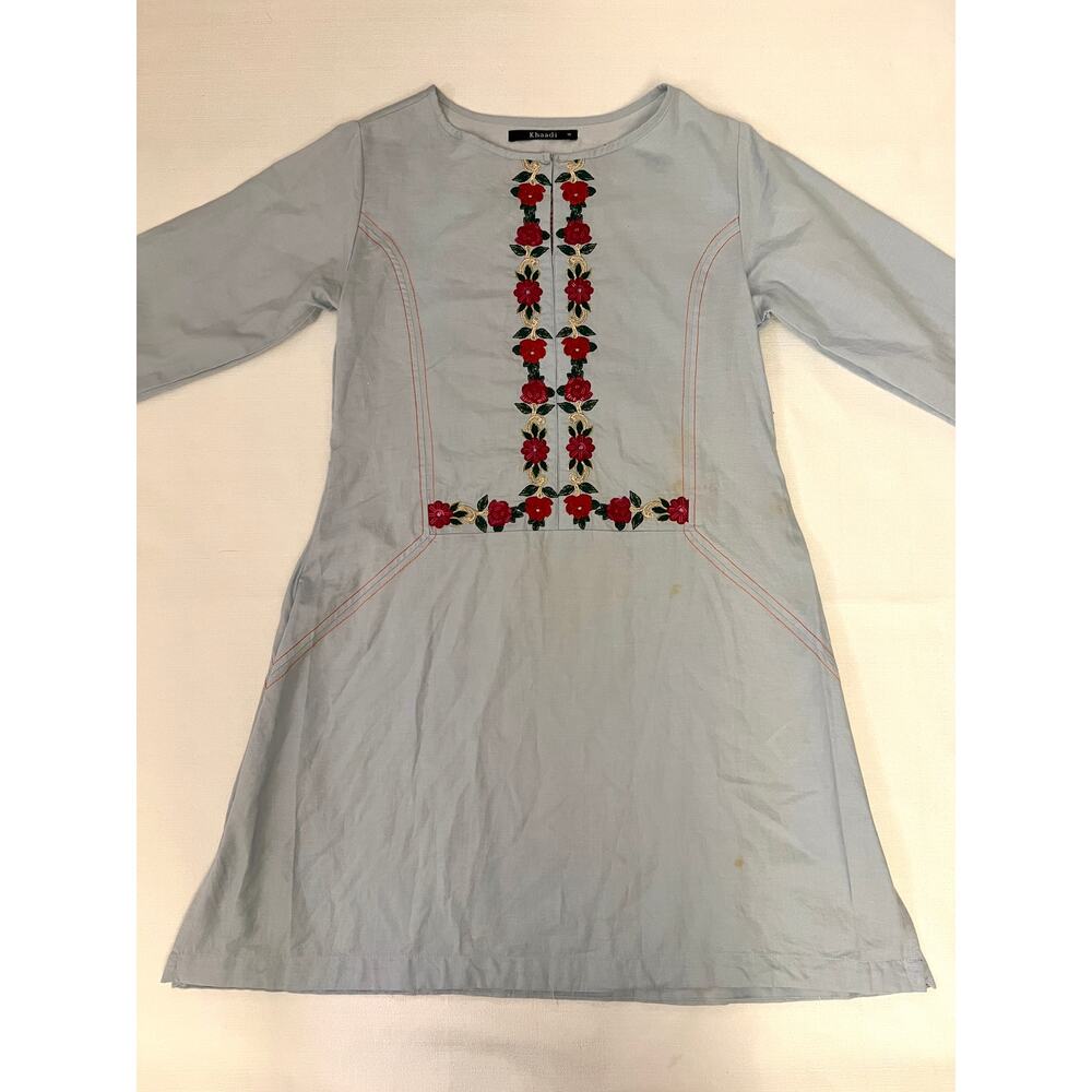 Khaadi A-Line Dress‎ Womens 10 Long Sleeve Embroidered Flower Hook Eye Blue